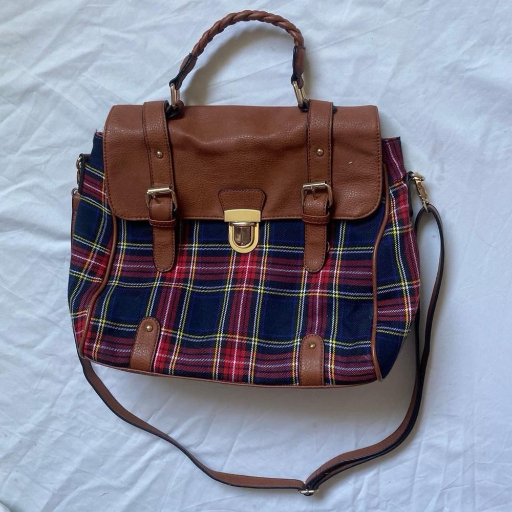 Brown Faux Leather & Plaid Preppy Satchel Bag